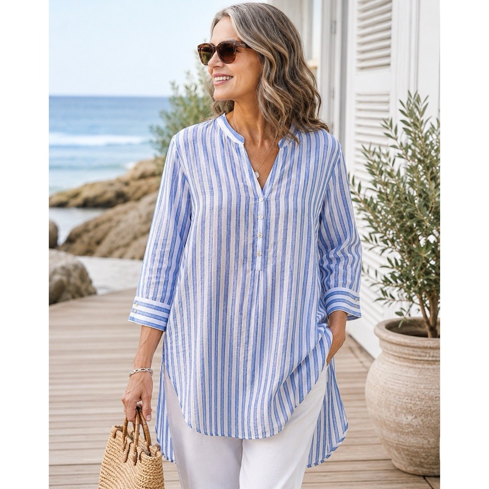 Chico's Linen Tunic Top 3 XL Blue White Stripe Coastal High Low 100% Linen NWOT - Picture 1 of 4